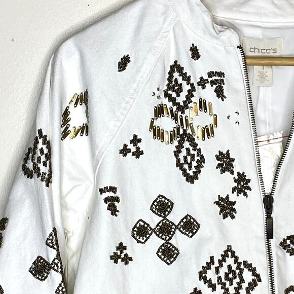 Chicos White Denim Embellished Bomber Jacket Aztec Southwestern NWT - Picture 2 of 10